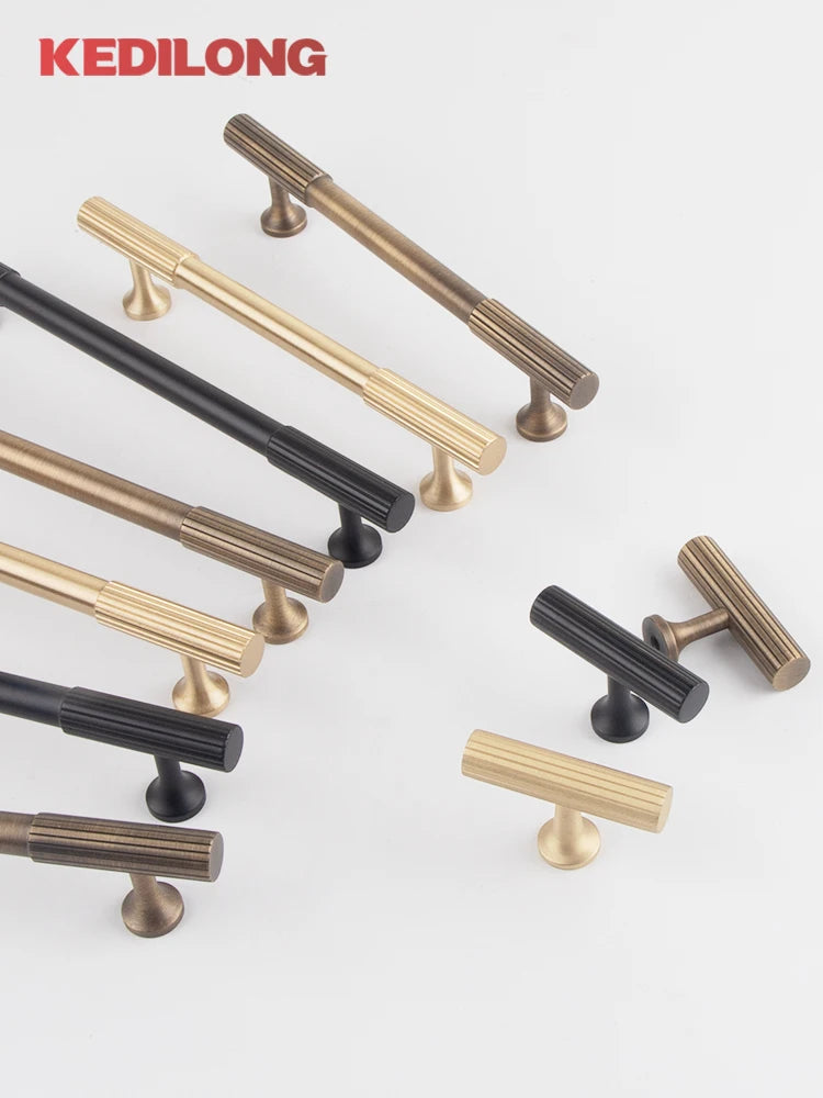 KEDLO Solid brass brushed brass long handle kitchen cabinet antique brass Pull drawer T-handle