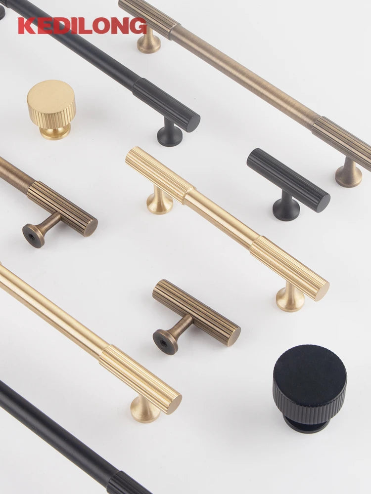 KEDLO Solid brass brushed brass long handle kitchen cabinet antique brass Pull drawer T-handle