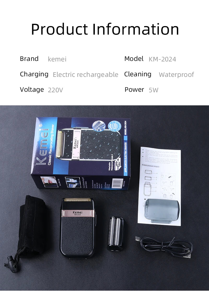 Kemei KM-2024 Electric Shaver for Men Twin Blade Reciprocating Cordless Razor USB Rechargeable Shaving Machine Barber Trimmer